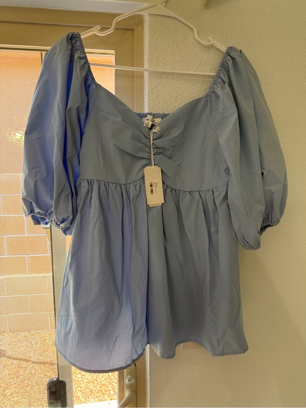 Light Blue Puff-Sleeve Square Neck Blouse